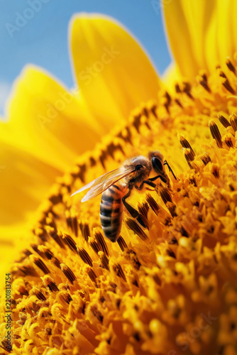 Close-up of honeybee collecting nectar from vibrant yellow sunflower petals against blue sky