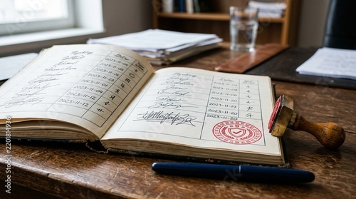 Obraz na płótnie Handoff Acknowledgment Stamp beside Signed Approval Logs