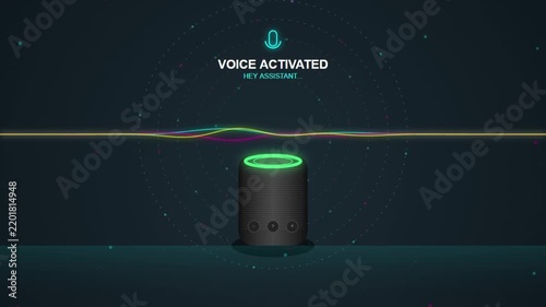 Smart home speaker with voice activation and glowing neon sound wave interface