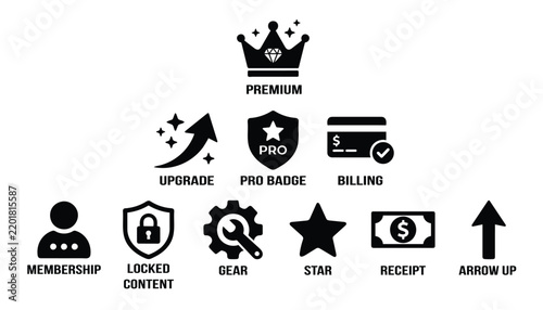 Collection of black flat icons representing subscription tiers membership levels and associated features account billing crown diamond gear icon illustration