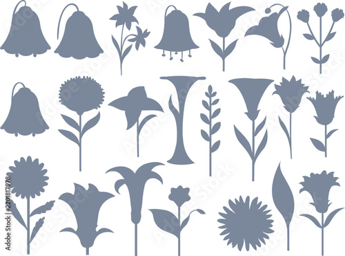 Set of various flower silhouettes in grey color