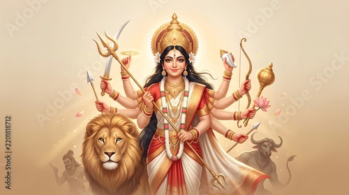 Goddess durga holding weapons riding lion for navratri festival celebration