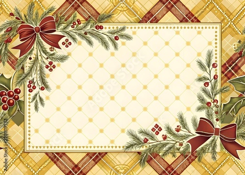 Christmas border with pine branches and red bows on a plaid background with copy space for text