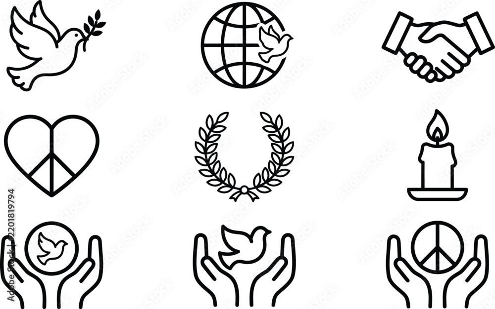 Fototapeta premium Peace and Solidarity Symbol Collection with Dove, Heart, Handshake and Hope Icons