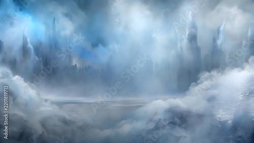 Ethereal ice formations with soft blue light amidst misty clouds and reflective water