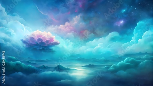 Ethereal Lotus Bloom Amidst Cosmic Clouds Over Misty Mountains During Dawn