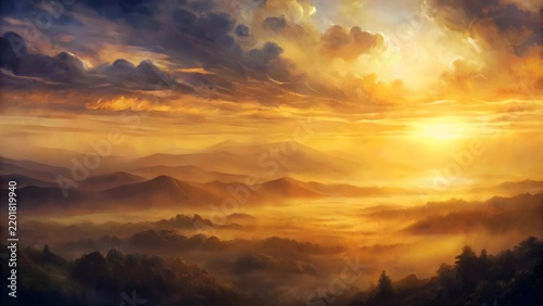 Golden sunrise illuminating misty mountain valley with dramatic clouds and warm light
