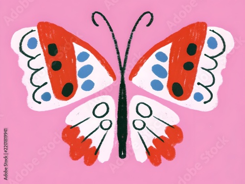 Hand drawn butterfly illustration with red orange white wings on a pink background