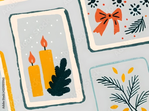 Hand drawn winter holiday greeting cards with candles and pine branches on a soft blue background