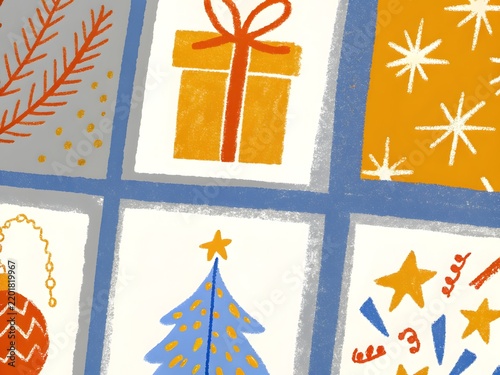 Illustrated Christmas and New Year greeting cards arranged in a grid with festive ornaments and abstract patterns during a close-up shot