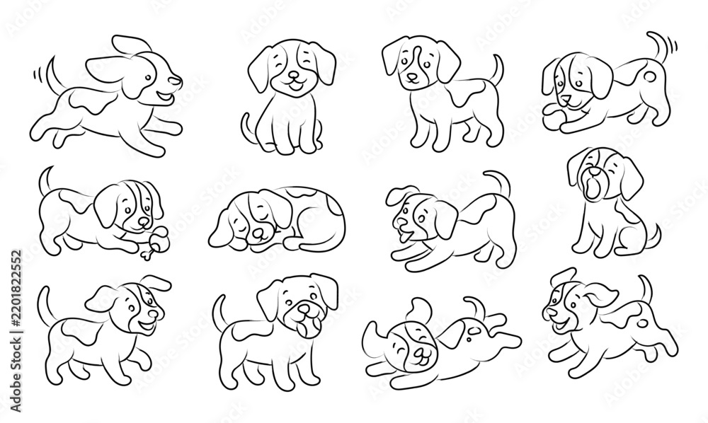 Fototapeta premium Hand Drawn Cute Puppy and Dog Illustration Set, Playful Cartoon Pet Characters in Different Poses, Black and White Line Art for Coloring
