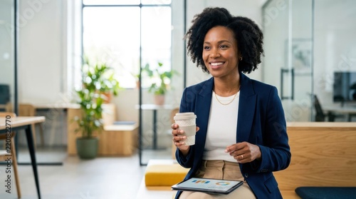 Smiling professional woman holding coffee cup in modern office