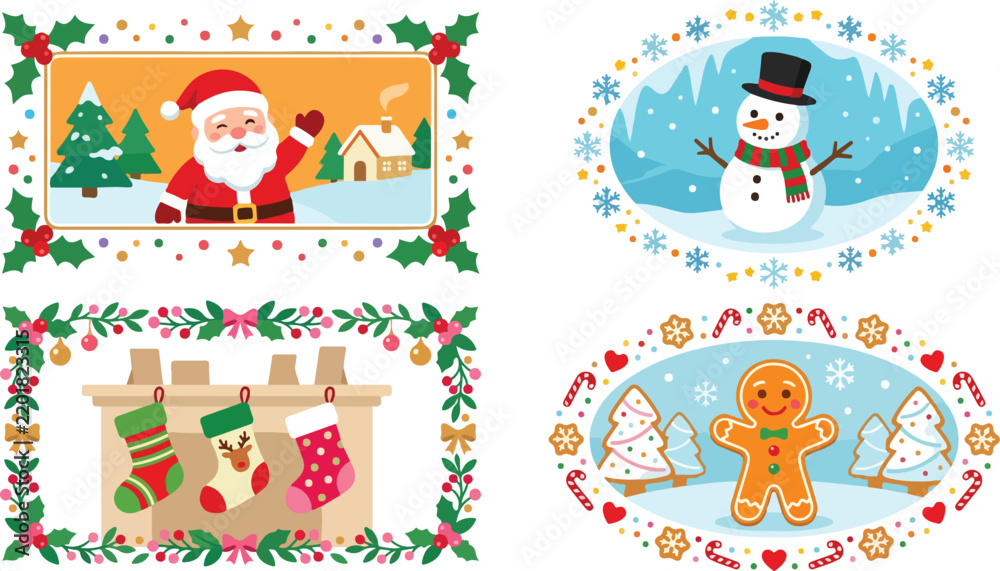 Fototapeta premium Set of four decorative christmas frames featuring santa claus snowman fireplace and a cute gingerbread man