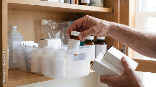 Person organizing medicine bottles and boxes inside a wooden storage