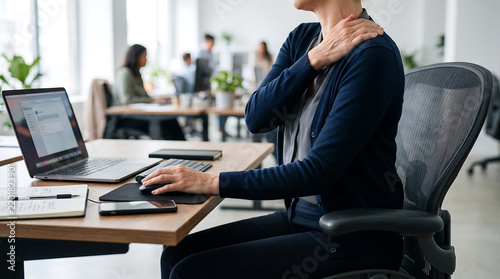 Businesswoman feeling shoulder pain while sitting at office desk