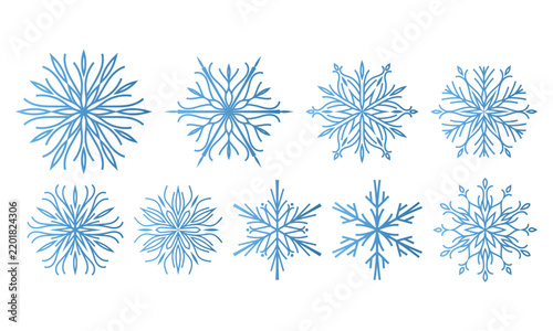 Set of beautiful blue openwork snowflakes with gradient on a white background