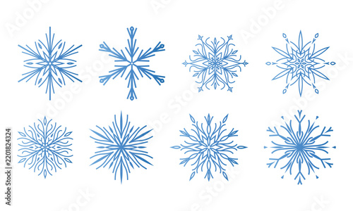 Set of beautiful blue openwork snowflakes with gradient on a white background