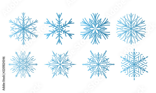 Set of beautiful blue openwork snowflakes with gradient on a white background