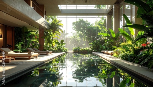Luxury indoor swimming pool with tropical garden and sunlight.