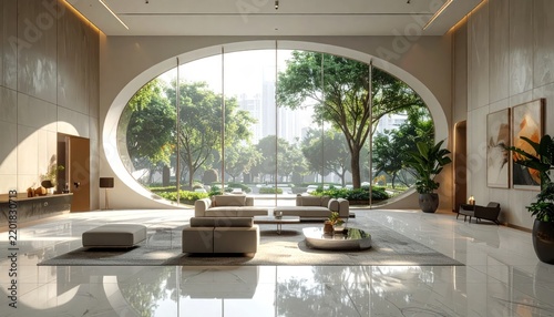 Luxury minimalist interior with large circular garden view window.