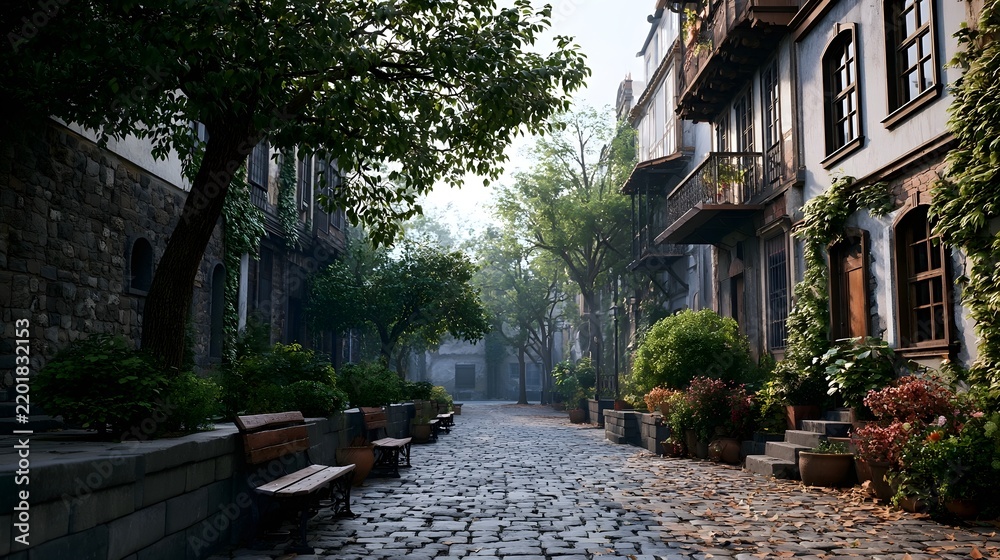 Fototapeta premium A quiet cobblestone street lined with old buildings trees and benches under soft daylight