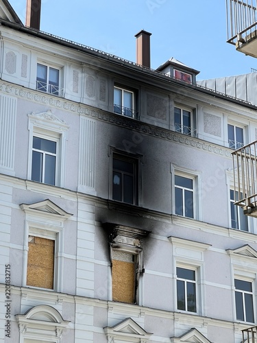 Fire damage on a building facade