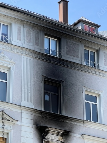 Fire damage on a building facade