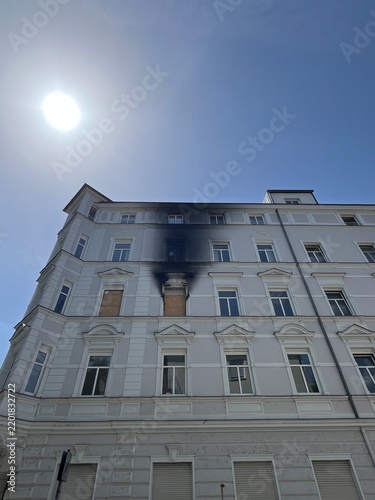 Fire damage on a building facade