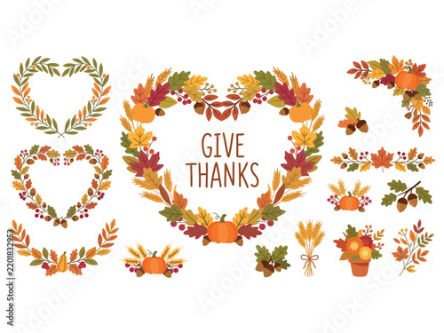 Autumn Thanksgiving collection with decorative wreaths, pumpkins, fall leaves, acorns, berries, wheat and seasonal botanical arrangements.
