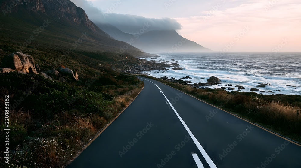 Obraz premium A winding coastal road curves along rugged cliffs beside crashing ocean waves under soft morning light