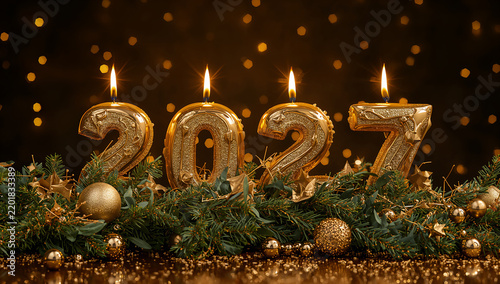 Golden 2027 new year candles decoration with pine wreath and glowing bokeh lights celebration background christmas decoration greeting forthcoming upcoming calendar evergreen metallic