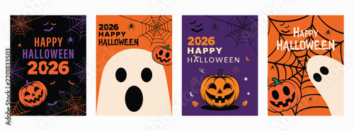 Happy Halloween 2026 Party Poster Templates Set with Ghost, Pumpkin, Bats, and Spider Web