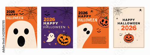 Happy Halloween 2026 Flyer Set with Cute Ghost, Pumpkin, Bats, and Spider Web Layouts