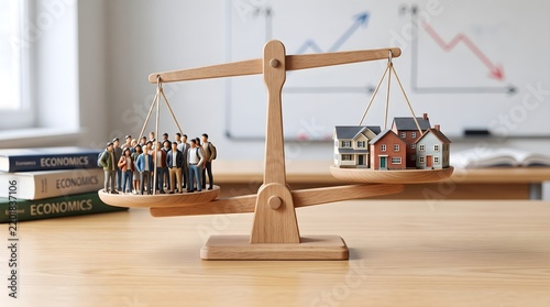 Balance scale with people figures and housing models representing economic balance