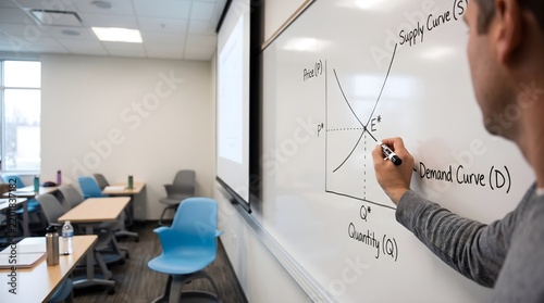 Person drawing supply and demand market curves on whiteboard in classroom