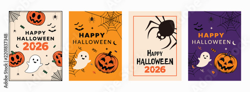 Happy Halloween 2026 Poster Templates Set with Ghost, Pumpkins, Spider Web, and Candies