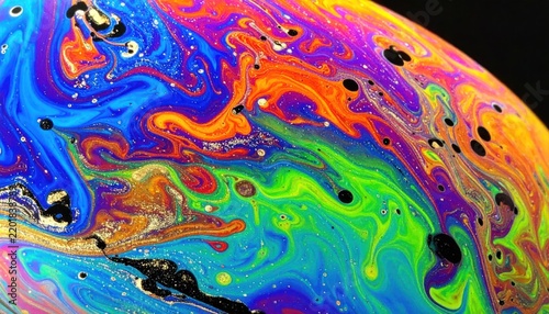 Macro close up of swirling colorful soap bubble.