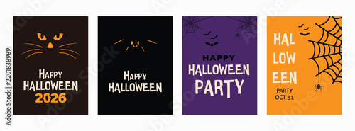 Happy Halloween Party Poster Templates Set with Black Cat, Glowing Eyes, Bats, and Spider Web