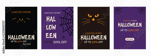 Halloween Big Sale Promo Poster Set with Up to 50 Percent Off Discount, Black Cat, Glowing Eyes, and Spider Web