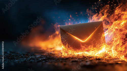 Fiery envelope burning with intense flame and sparks on dark background