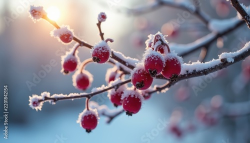 Frost-covered rowan berries glow in warm winter sunlight on dark branches. The crimson fruits are encased in delicate ice crystals against a soft blue sky.