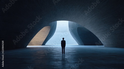 Cinematic ultra realistic photograph of a lone businessman standing before two monumental modern tunnels carved into a dramatic architectural wall