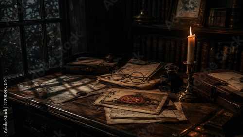 An antique desk holds maps, spectacles, and a pumpkin illustration. A candle, books, and a dark window define a gloomy manor study. Halloween mystery and dark academia concept.