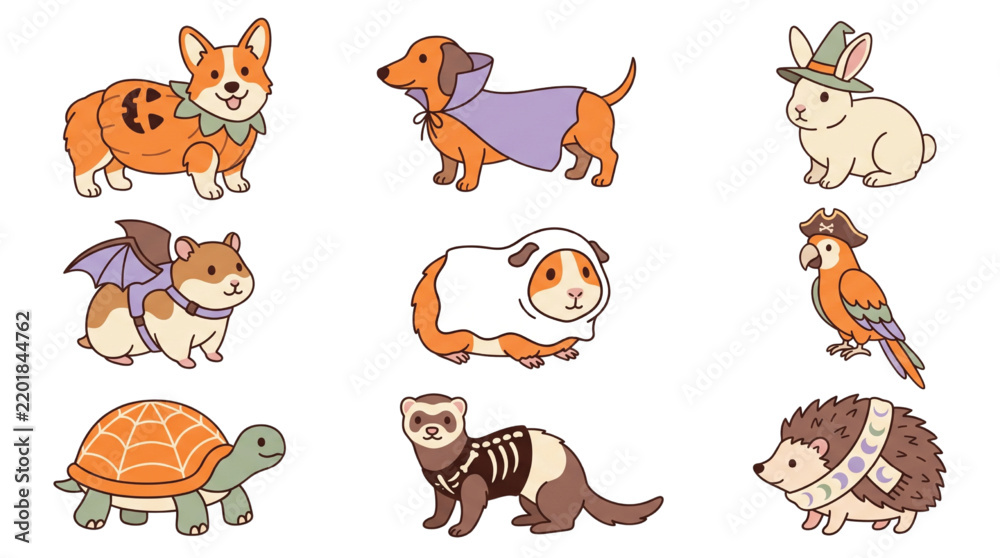 Obraz premium Cute Pets in Halloween Costumes Vector Collection 