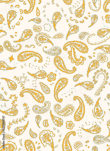 Folk, random placed, boho, heritage teardrop and botanic elements aop, all over surface print on white background. Hand drawn, floral paisley motif seamless repeat pattern. Bohemian, traditional banda