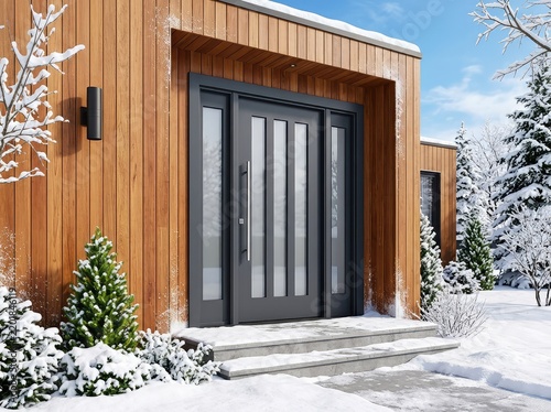 A contemporary charcoal-gray front door with glass panels and a sleek metal handle is set into a snowy, wood-clad modern home exterior, facade, exterior, building