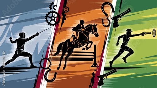 Modern pentathlon sports vector illustration, fencing athlete and equestrian horse jumping silhouettes, shooting and running competition banner