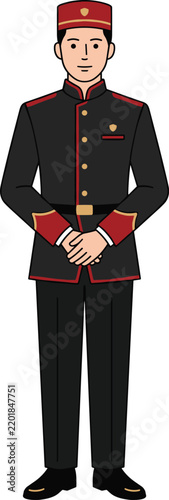 Full body illustration of a hotel bellhop in a classic black uniform and red hat
