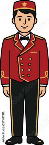 Cartoon illustration of a hotel bellhop in a traditional red uniform standing upright