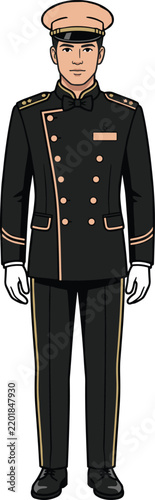 Full body portrait of a man in a formal black military uniform with gold accents